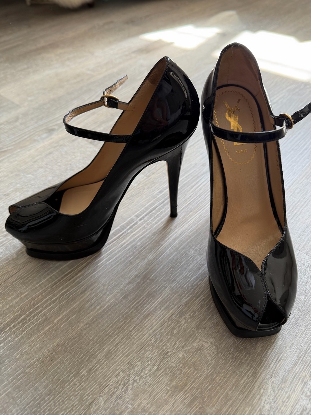 Yves Saint Laurent Black Patent Mary Jane Peep-Toe Stiletto Pumps